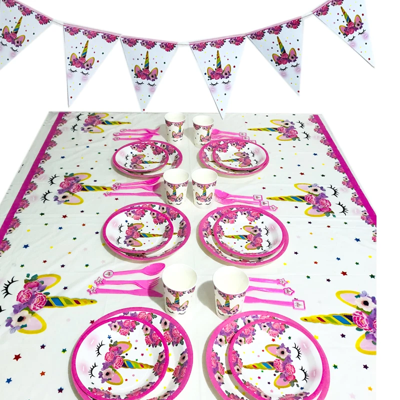 

Omilut Birthday Party Decoration Unicorn Party Disposable Tablecloth/Cup/NapkinPlates/Straws/Banner Happy Birthday Party Kid Sup