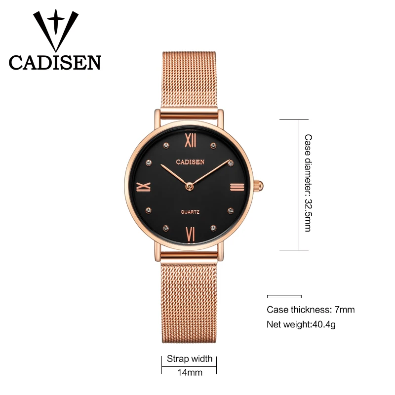 CADISEN Brand Luxury Fashion Ladies Watch Women Watch Thin Rose Gold Steel Mesh band Quartz Wristwatches Women relogio feminino