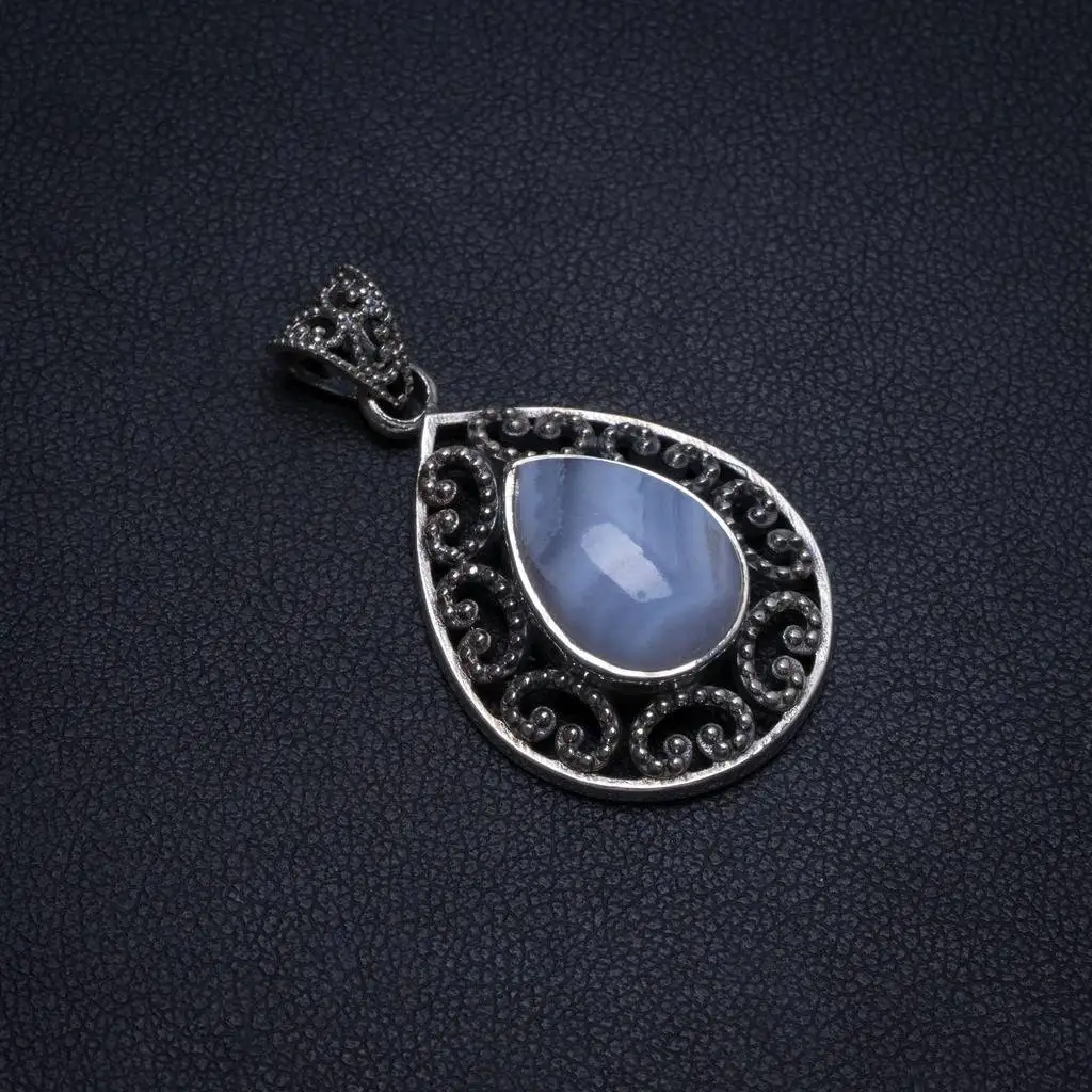 Natural Blue Lace Agate Handmade Indian 925 Sterling Silver Pendant 1 1/4" T0232