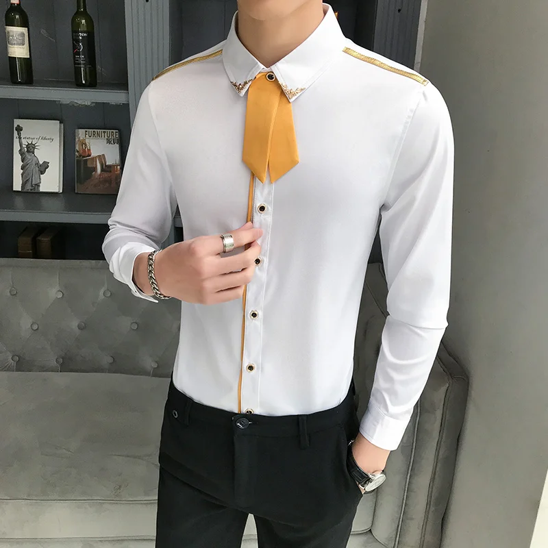 Мужские рубашки с отстегивающимся галстуком длинным рукавом Slim Fit мужской