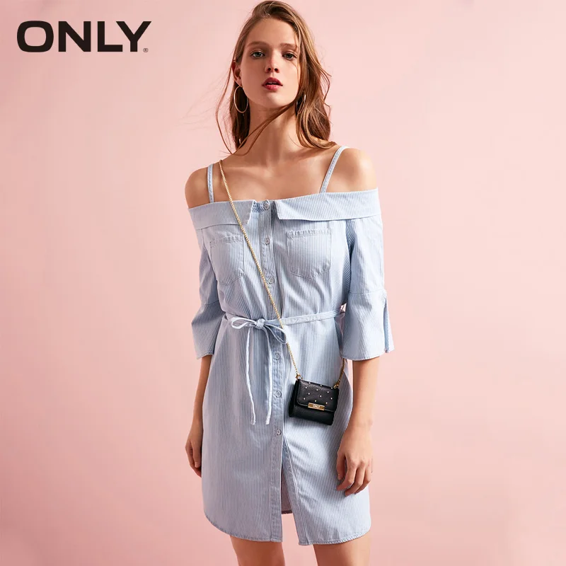 

ONLY Brand 2019 NEW summer sweet simple fashion strapeless lapel off shouder short female dresses |118142534