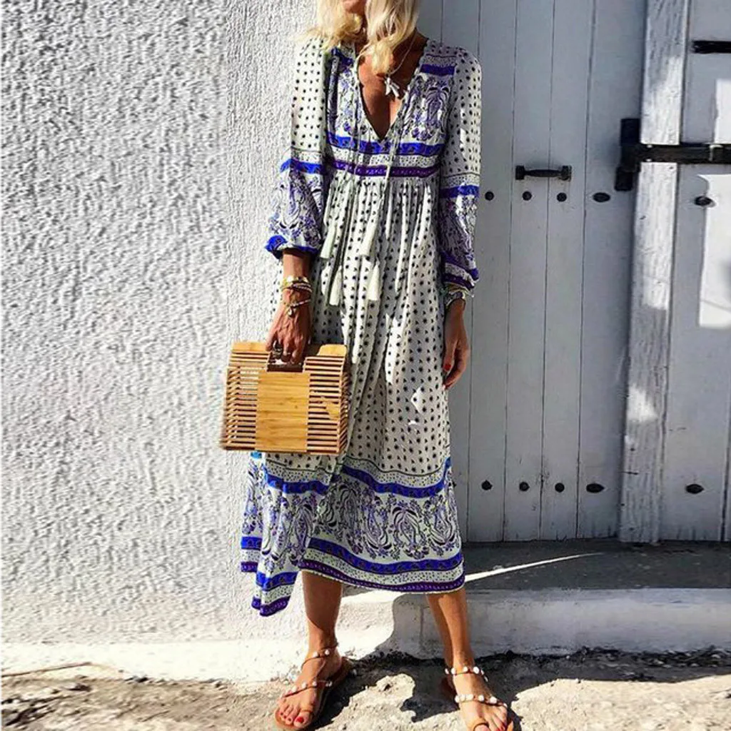 Hawcoar новые модные женские повседневные Большие размеры Diurnal Boho V шеи Цветочные Печатные Длинные рукава праздничное длинное платье для женщин Z4