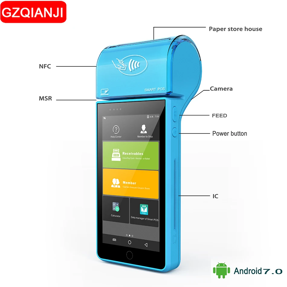 POS محطة المحمولة اللاسلكية بلوتوث استلام الطابعة PDA ل 5.0 بوصة مايكرو USB سيم سماعة ميناء WIFI GPR الروبوت 7 نظام