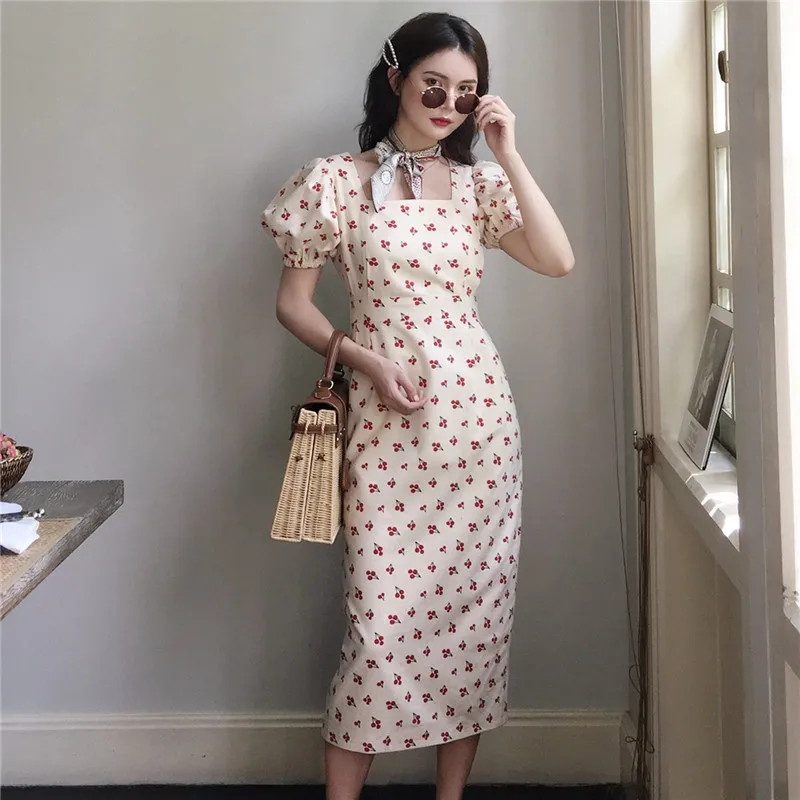 

Short Sleeve printe Party Dress Straight Fashion Elegant Casual Vintage Women Summer 2019 French style Dress