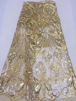 

2019 African party dress lace 5 Yards fabric with gold line sequins french bridal embroidered lace fabric dubai lace wedding