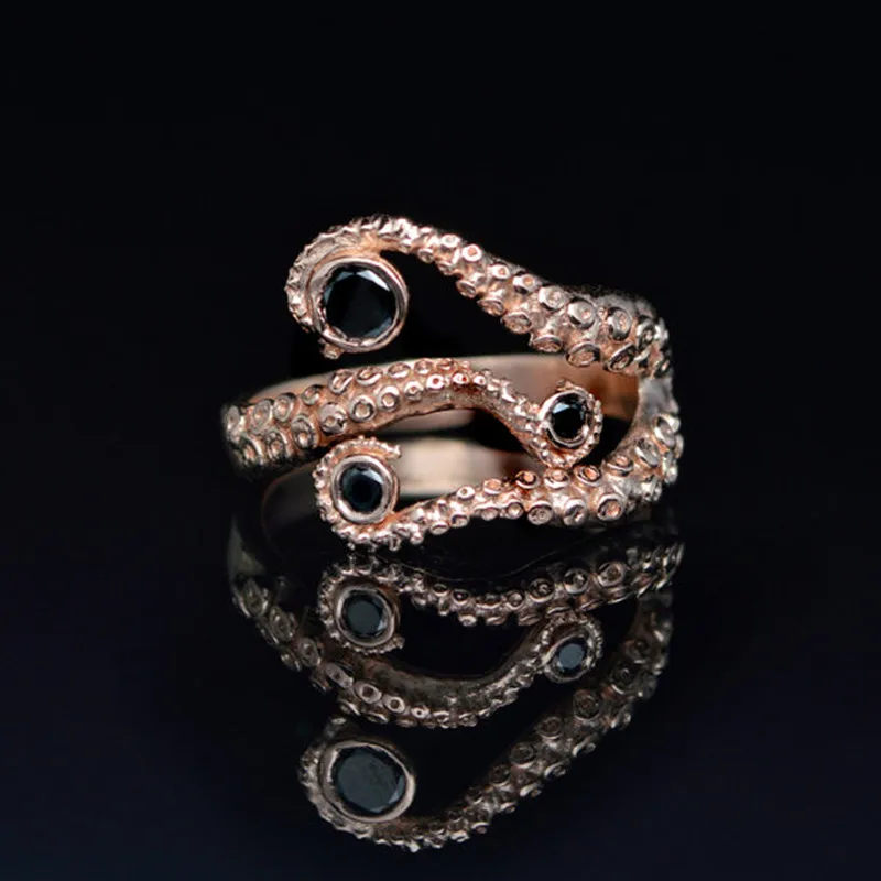 

Tentacle Ring Band Octopus Ring Seductive Tentacle Ring in Rose Gold Plating and Black Diamonds by Octopus adjustable size