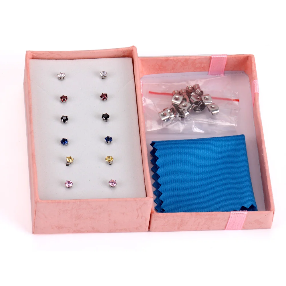 LUXUSTEEL Gift Box 6pairs Earring Sets Size 3mm/5mm/7mm Stainless Steel Anit-allergy Colorful Crystal Stud Earring Bijoux