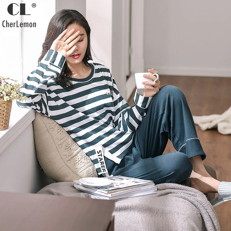 CherLemon Women's Comfy Cotton Round Neck Long Sleeve Autumn Pajama Set Fashion Wide Leg Green-White Stripe Loose Loungewear | Женская