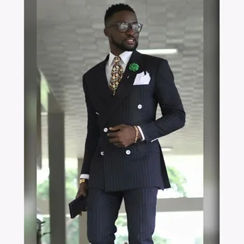 

2017 Latest Coat Black Double Breasted Stripe Men Suit Slim Fit 2 Piece man Tuxedo Custom Groom Prom mens suits Blazer Masculino
