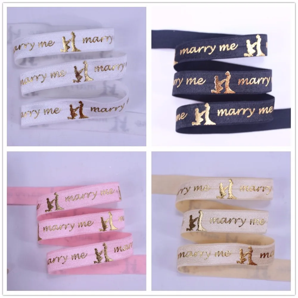 

5/8'' Gold Foil Marry Me Printed FOE Fold Over Elastic Ribbon For Valentine Wedding 50Yards