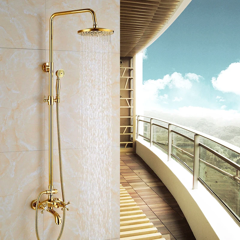 

Uythner Luxury Golden Finish Dual Handle Switch Hot&Cold 8" Rain Showerhead Bath and Shower Faucet Set Mixer Tap Wall Mounted