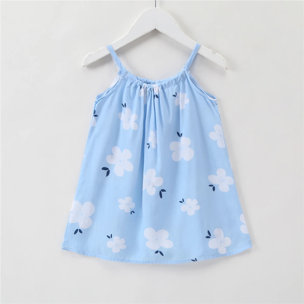 

Summer Girl Dress Blue Print Cool Sling Sleeveless Round Neck Beautiful Baby Small Fresh Mini At Home Beach Kids Dresses