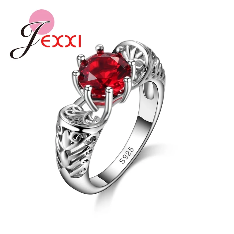 

Elegant Romantic Jewelry Ring 925 Sterling Silver Round Red Crystal Wedding Engagement Rings For Women Band Jewerly