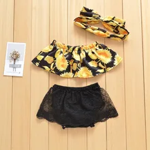 Летняя одежда с цветочным рисунком для маленьких девочек топы с открытыми плечами шорты банданы, повседневный комплект из 3 предметов, одежда для маленьких девочек