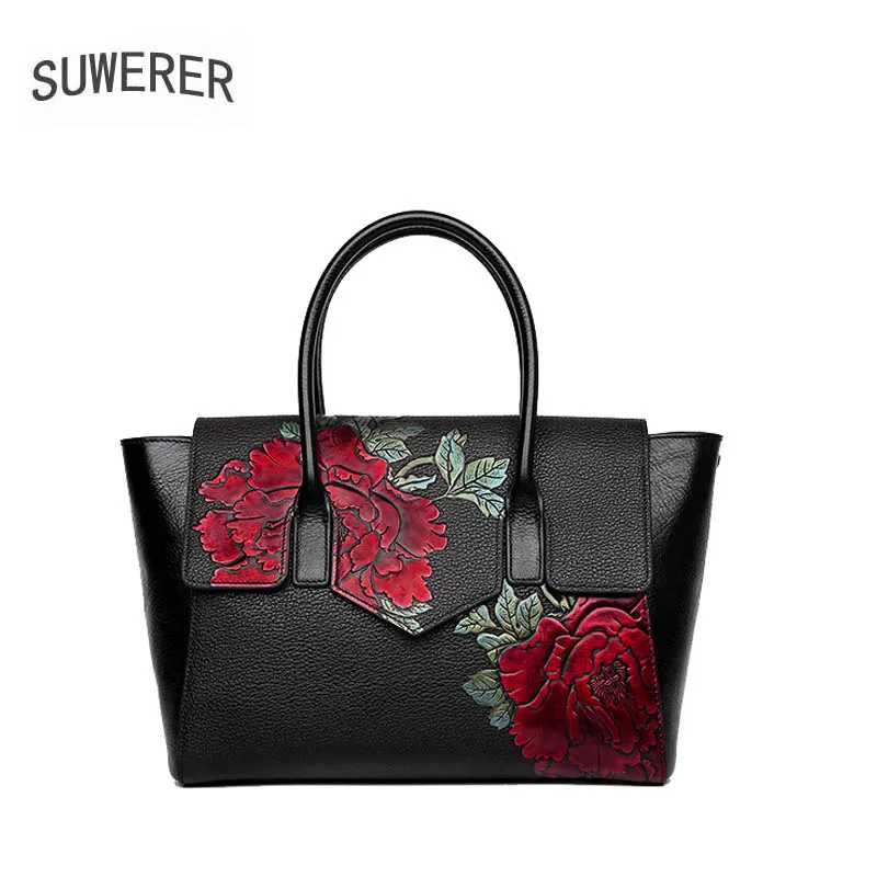 

SUWERER 2019 New women leather handbags Superior cowhide Genuine Leather women bags Women famous brand Luxury embossed bag