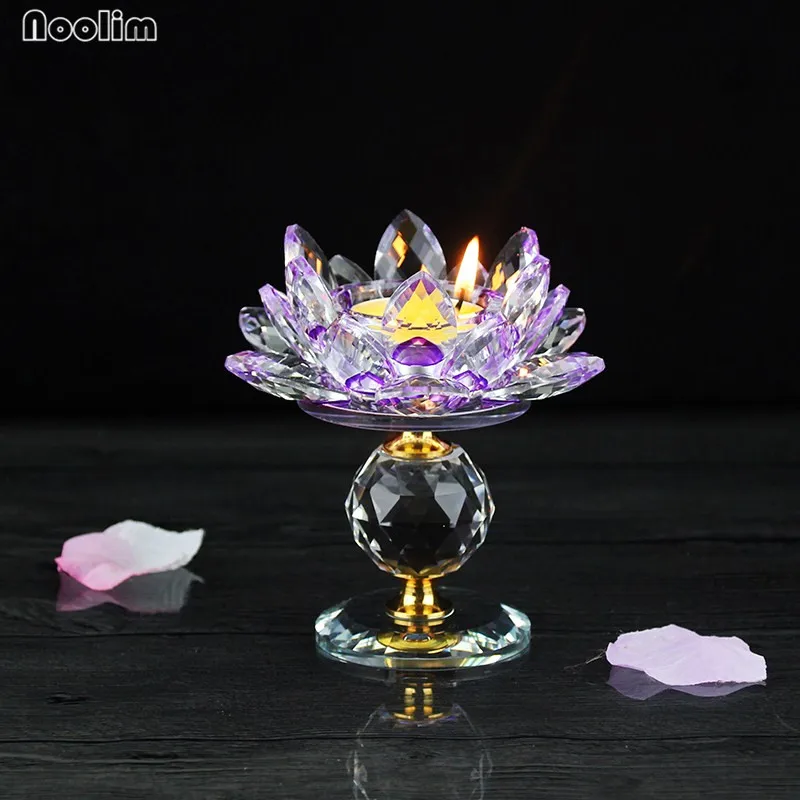 

NOOLIM Crystal Glass Block Lotus Flower Metal Candle Holders Feng Shui Home Decor Big Tealight Candle Stand Holder Candlesticks