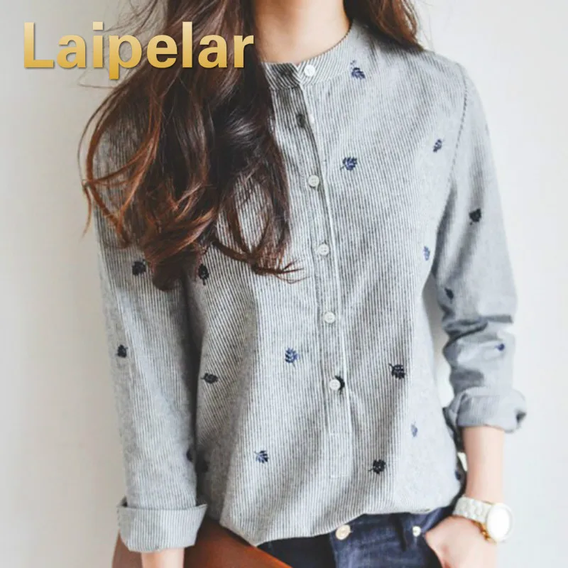 Autumn Leaves Embroidery Long Sleeve Women Blouses And Shirts Female Ladies Casual Shirt Tops Striped Casual Blusas Blouse