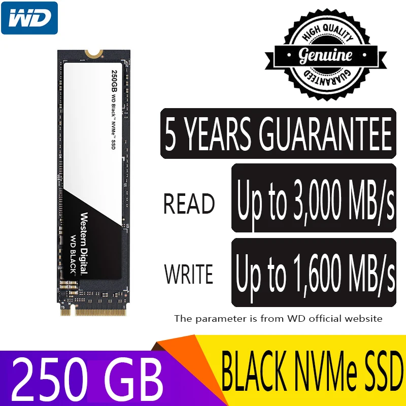 WD Black PCIe Gen3* 4 250 ГБ M.2 2280 SSD WDS250G2X0C твердотельный диск 3000 МБ/с. для портативных ПК Ноутбук