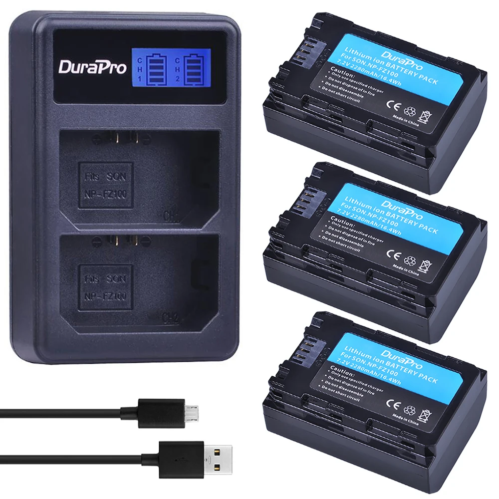 Durapro 3Pc 2280Mah Np Fz100 Batteria + Caricabatterie Lcd Per Fotocamera Sony Bc-Qz1 Alpha 9, A7Riii, Ilce-7Rm3 Per Sony A9, A9R, Alpha 9S