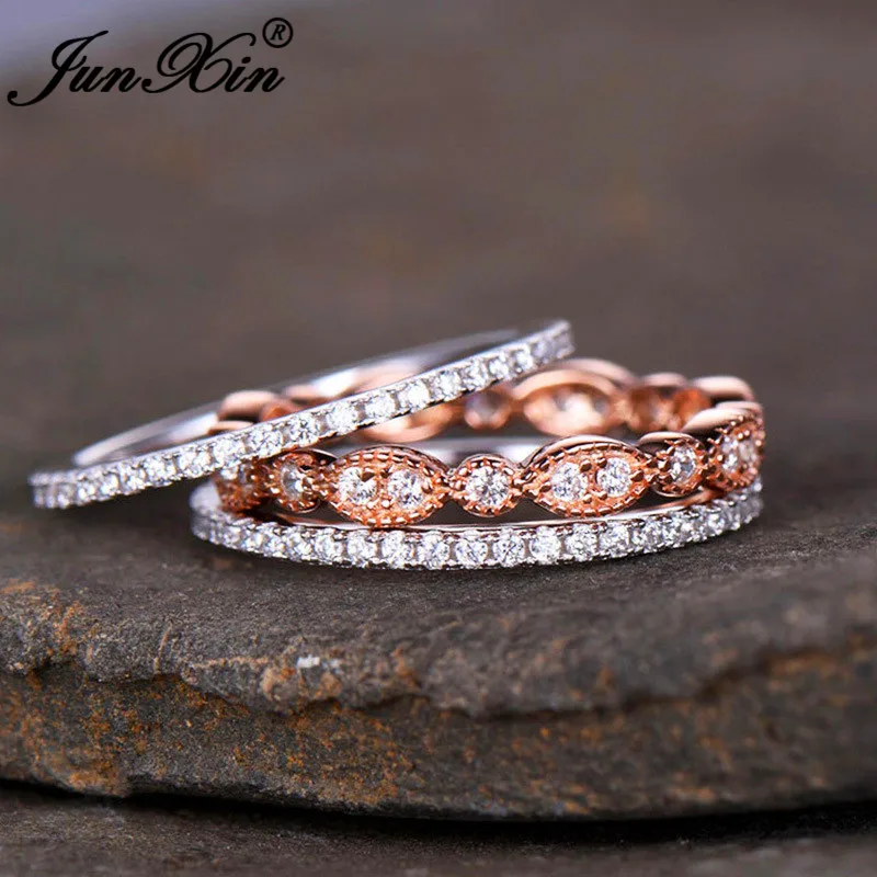 JUNXIN 90% OFF! Luxury 3pcs/Set White Zircon Ring Sets For Women Rose Gold Filled Bridal Engegament Ring Stackable Midi Jewelry