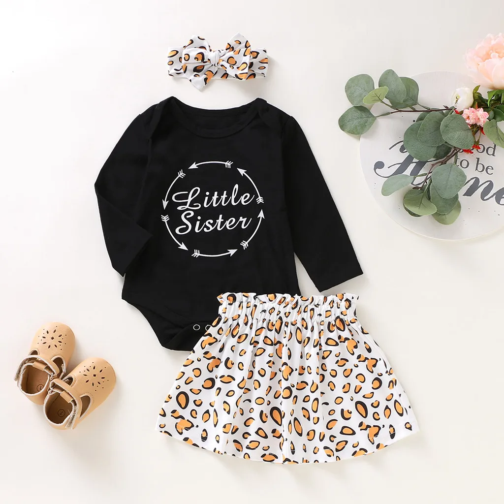 

Bodysuit Sets For Toddler Kids Baby Girls Letter Long Sleeve Romper Leopard Print Skirts HairBand Kids Outfits Sets Autumn
