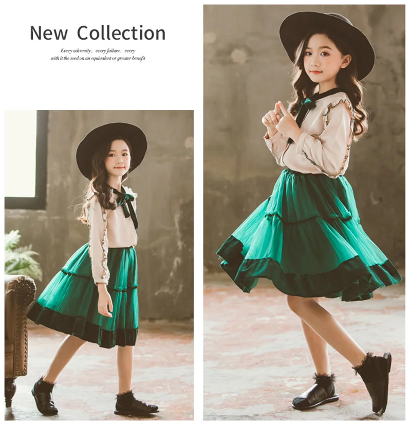 spring girls shirt dress children Chiffon two-piece suit for girls clothes (5)