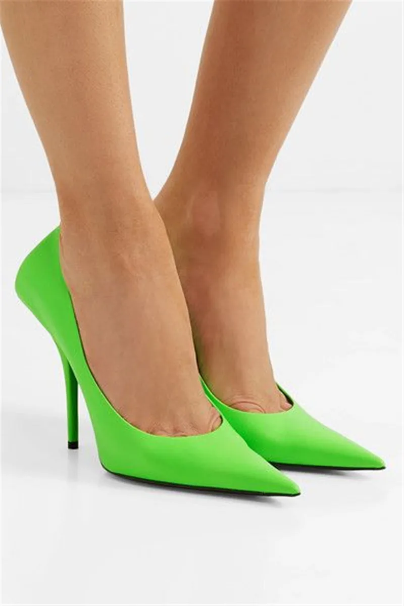 Paris Runway Shoes Woman Sandals Square Knife Fluorescent Neon-Green Leather Pumps Women Shoes zapatos de mujer