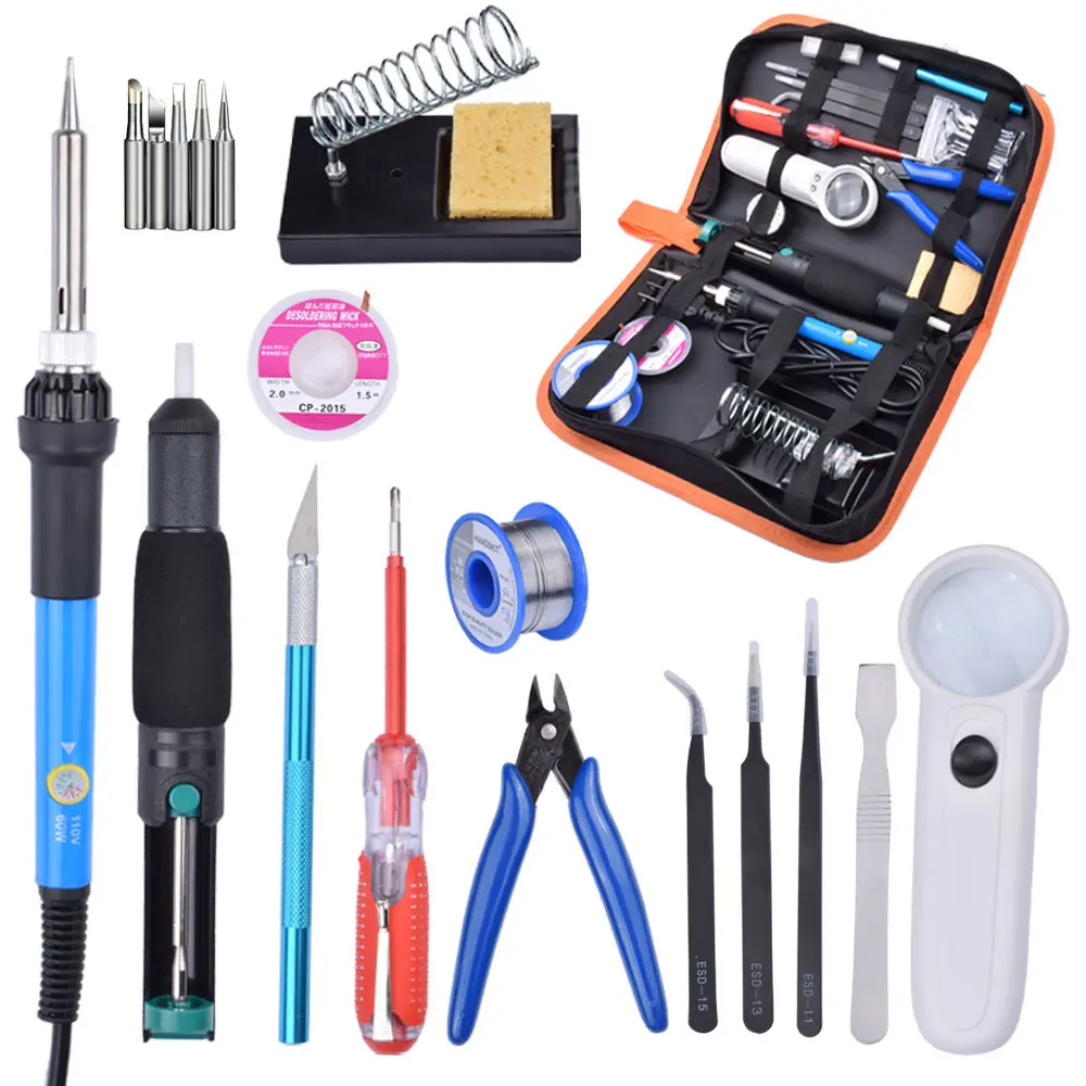 

60W 220V Adjustable Temperature Soldering Iron Tools Kit+5 Tips with Desoldering Pump Soldering Iron Stand Tweezer magnifier