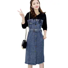 

In Long Women Denim Dress Spring Autumn New 2018 Fashion Knit Stitching Casual Dresses Hooded Female Belt waist Cowboy vadim 516