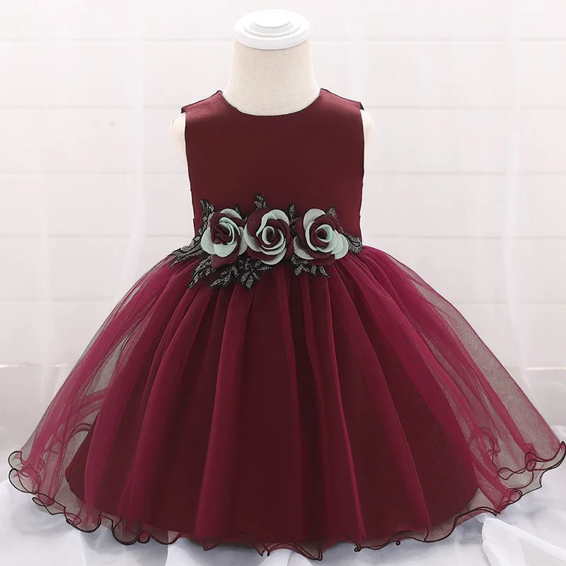 Wine red Коллекция года, зимнее платье для новорожденных девочек, одежда свадебное платье для девочек возрастом 1 год, детское праздничное платье принцессы для дня рождения для малышей возрастом от 3 до 12 месяцев - Цвет: Wine red