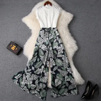 

Women girls spring summer white lace tops and blouses + leaves print wide leg pants suit casual two piece set outfits new 2019