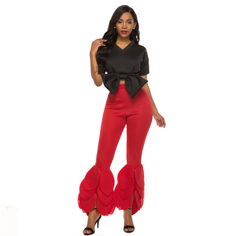 

2 Piece Sets Crop Tops Bodycon Pants for Women Short Sleeves Front Bowtie Black Red Suits Slim Fashion Female Two Pieces Sets