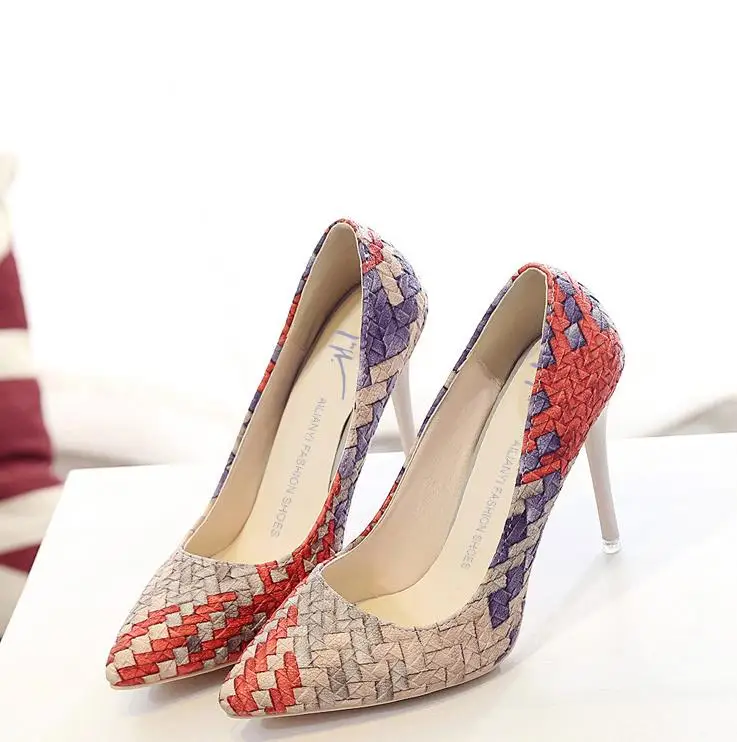 

2017 spring and summer new practical color pointed high heels exquisite single shoes leather paint shallow shoes female