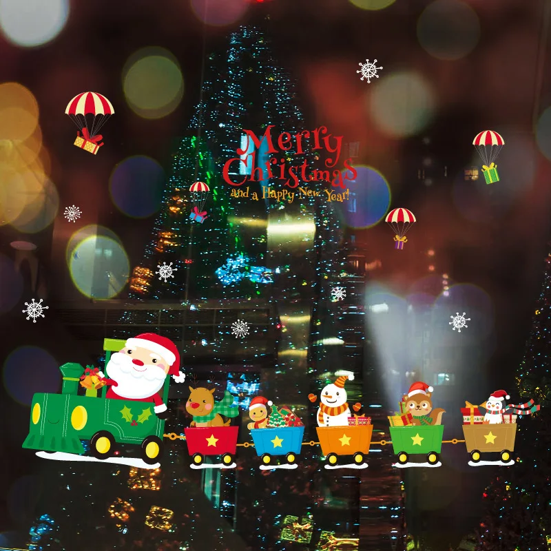 

Cartoon Lovely Christmas Wall Sticker Santa Claus Train Wall Picture For Children's Room Window New Year Decoration Pvc Stickers