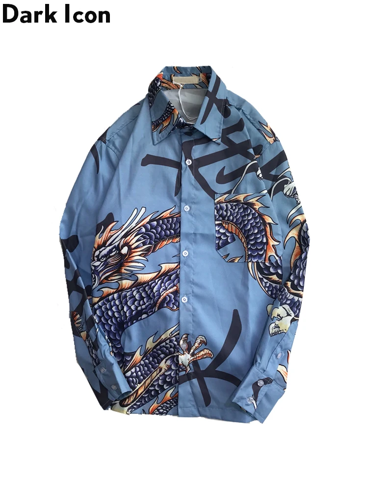 Dark Icon Dragon Printed Chinest Stylish Long Sleeved Shirt 2019 Spring Hip Hop Shirt Men Turn-down Collar Men's Shirts