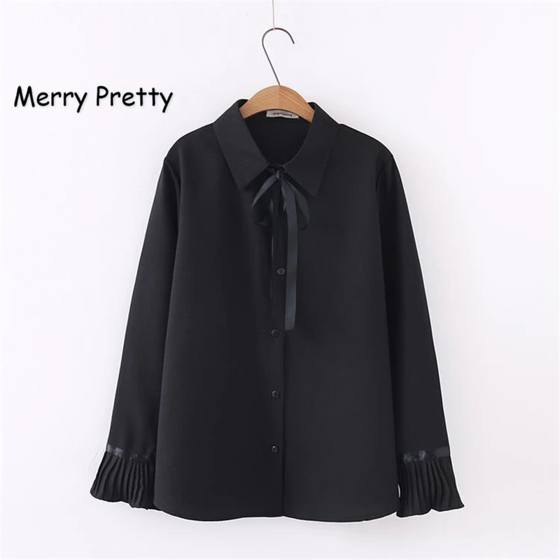 

MERRY PRETTY 2018 SpringWomen Plus Size 4XL Blouses Elegant Lace Up White/Black Tops Casual Ladies Flare Sleeve Blouse Shirts