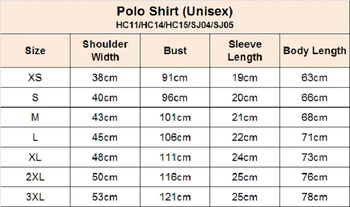 HC&SJ size chart