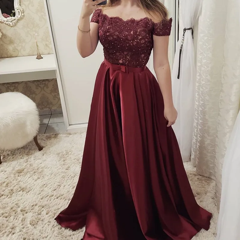 

Vestidos De Gala 2019 Elegant Boat Neck Evening Dresses Long Sexy Burgundy Off the Shoulder A-Line Formal Party Dress with Belt