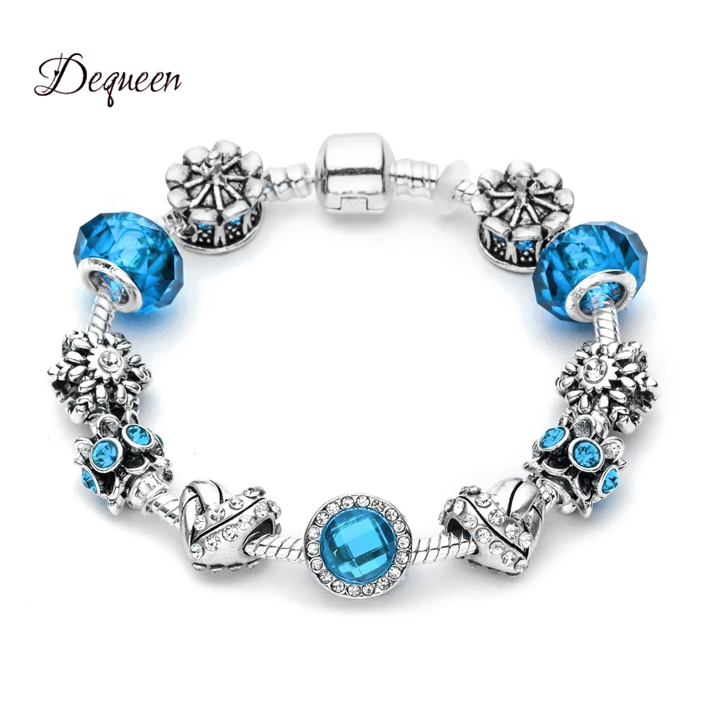Dequeen Newest Blue Charms Bracelets Love Heart With Rhinestones Beads