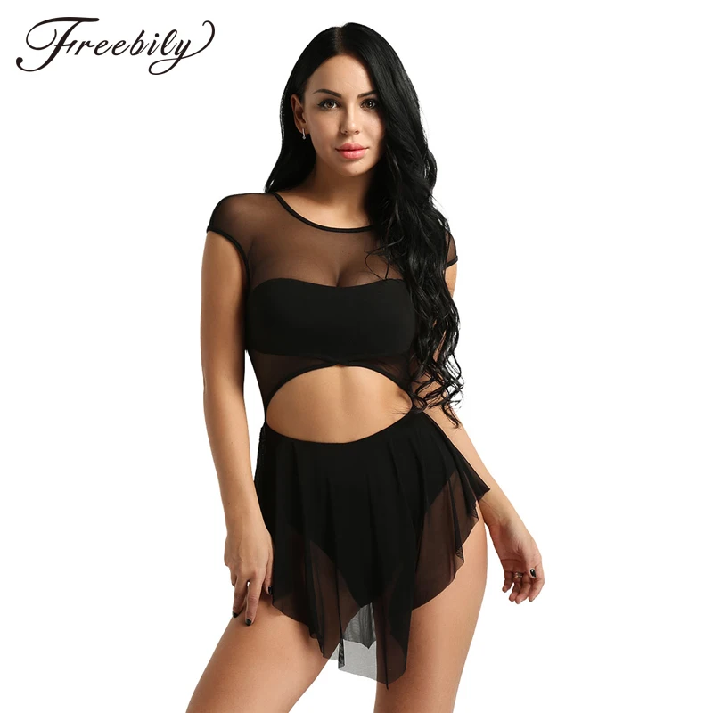 

Fashion Women Sleeveless O Neck Mesh Cutout Asymmetrical Ballet Tutu Dress Adult Gymnastics Leotard Ballerina Bodysuit Dancewear