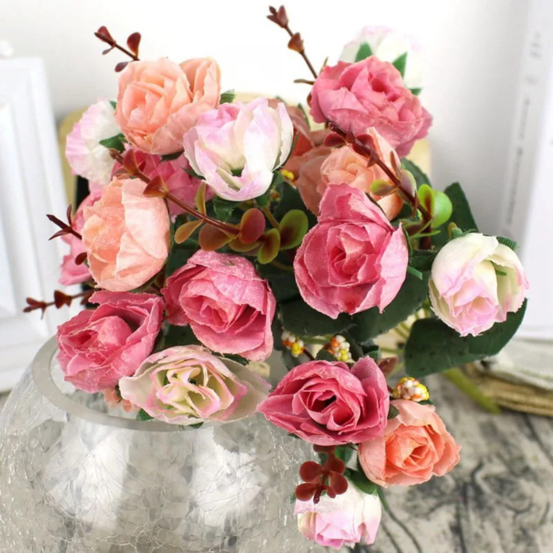 1 букет 21 головок розы выразительные искусственные розы шелковые цветы лист для свадебной вечеринки домашний сад Декоративные искусственные цветы - Цвет: Pink
