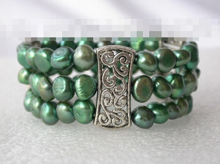 

free shipping 01025 3rows green baroque freshwater cultured pearl bracelet