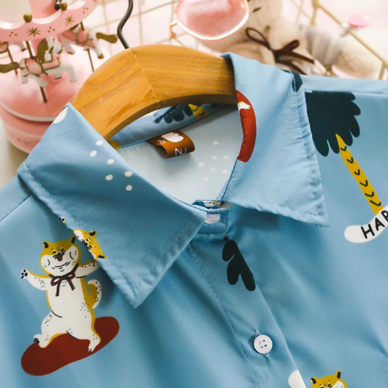 Корейская женская летняя шифоновая блузка с принтом милых кошек, женская Свободная рубашка, топы, женские синие блузки, Топ