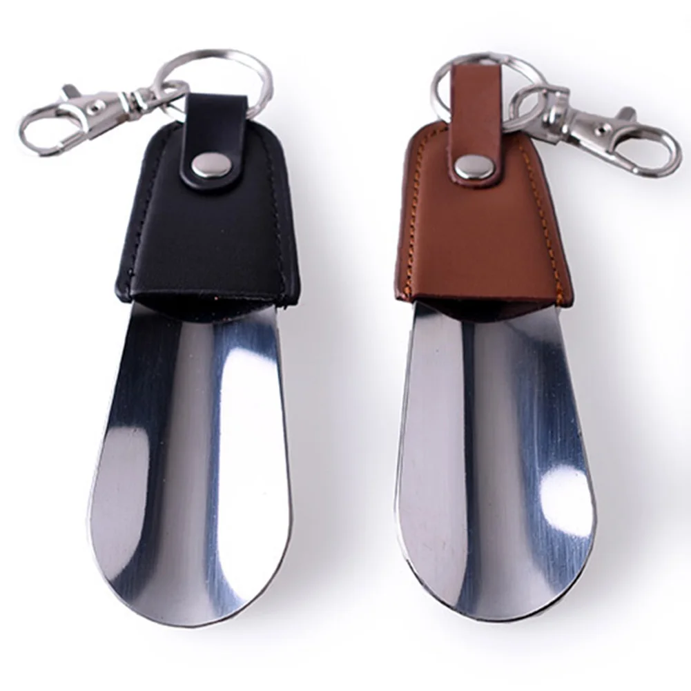 Leather Portable Spoon Slip Mini Sturdy Shoe Horn Key Ring Stainless Steel Seniors