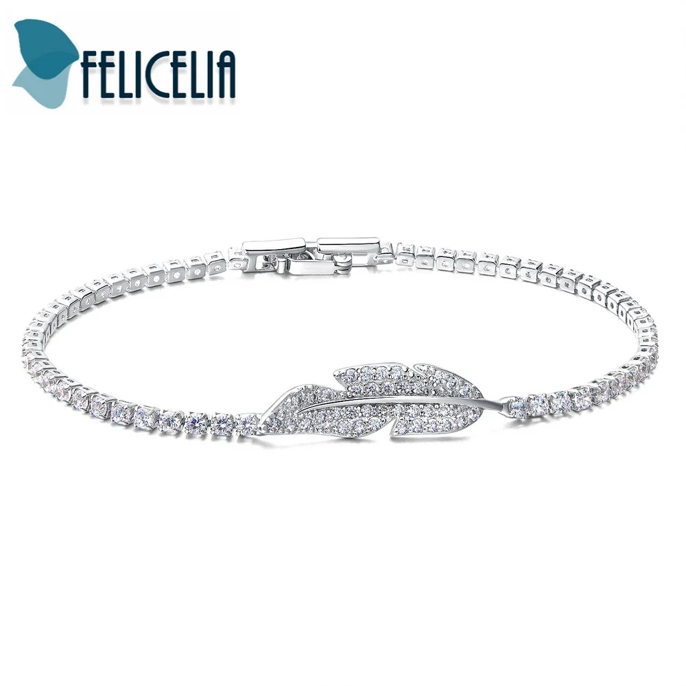 Felicelia Fashion Leaf Design Rhinestone Cubic Zirconia Tennis Bracelet Silver/ Rose Gold Color Chain For Women Girl | Украшения и