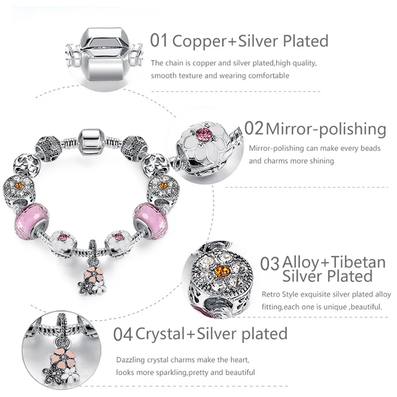 ELESHE Original 925 Enamel Silver Daisy Flower Crystal Charms Bracelet Bangle With Murano Glass Bead for Women Wedding Jewelry