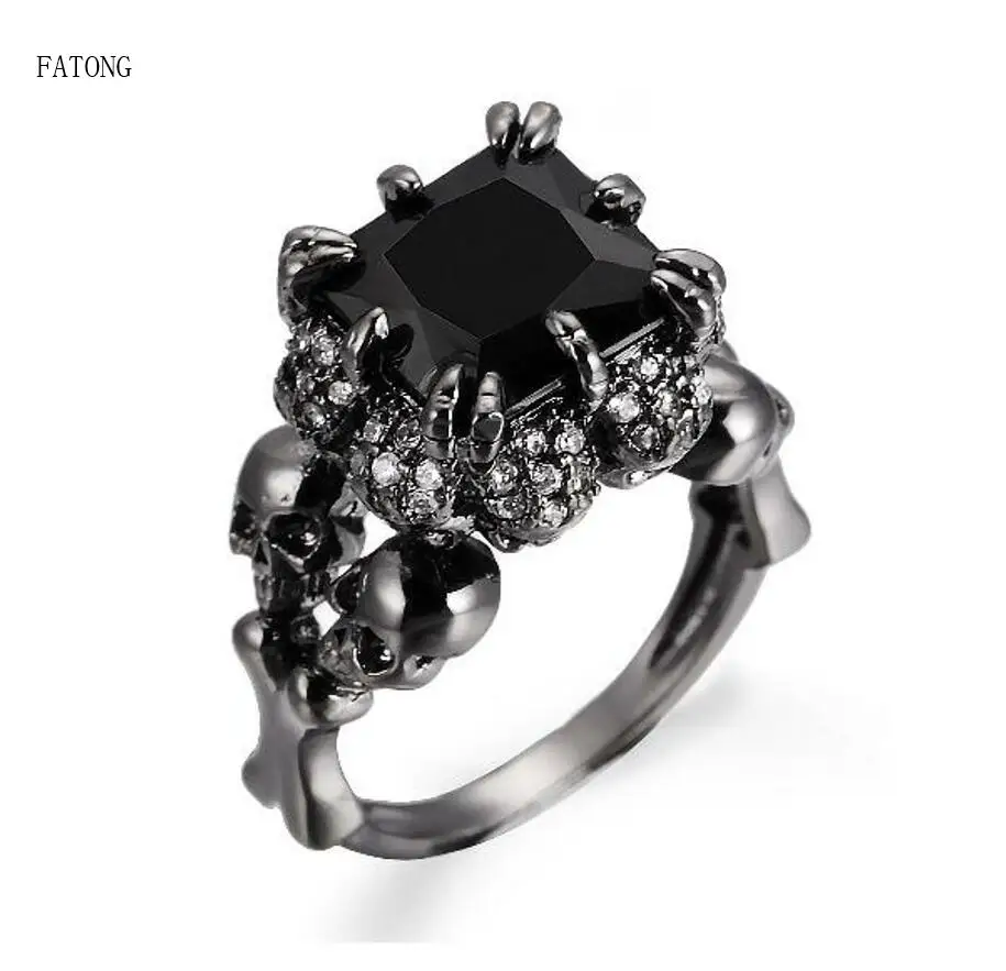 Stainless steel skull black zircon ring boy punk wind European and American hot ghost head jewelry t0922