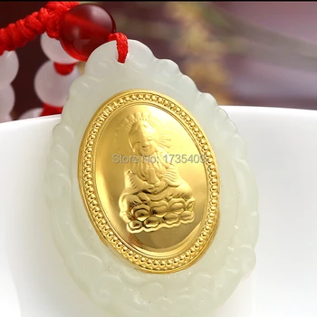

High Quality Natural White Hetian and 24K Yellow gold Kwan-Yin Pendant