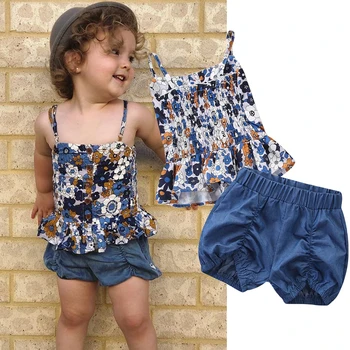 

Cute Girl Clothing Sets Summer Floral Print Kids Clothing Sets Sleeveless Condole Belt Shirt Shorts 2pcs Children Girls Suit