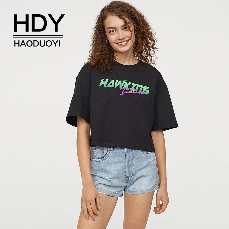 

HDY Haoduoyi Simple Solid Color Contrast Letter Printing Round Neck Loose Drop Sleeves Fashion Solid Color Short T-shirt